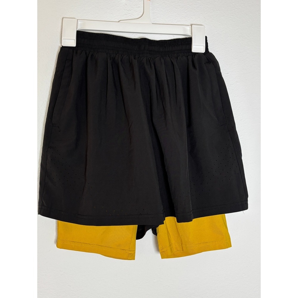 Urban Outfitters Mens 2-in-1 Running Shorts Black Yellow Size Small Activewear